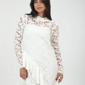 Hooded lace dress. Asymmetrical ruffle signature off-white hand finished French lace